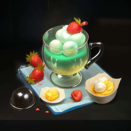 gameicon,masterpiece,best quality,ultra-detailed,masterpieces,The image is a scoop of ice cream in a cup, with a red cherry, a glass spoon, and green mint leaves,HDTransparent background, 3D rendering2D, Blender cycle, Volume light,No human, objectification, fantasy, fantasy <lora:﷿物:1>