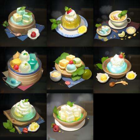 gameicon,masterpiece,best quality,ultra-detailed,masterpieces,The image is a scoop of ice cream in a cup, with a red cherry, a glass spoon, and green mint leaves,HD,Transparent background, 3D rendering2D, Blender cycle, Volume light,No human, objectification, fantasy, fantasy <lora:﷿物:1>