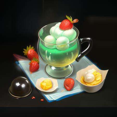 gameicon,masterpiece,best quality,ultra-detailed,masterpieces,The image is a scoop of ice cream in a cup, with a red cherry, a glass spoon, and green mint leaves,HDTransparent background, 3D rendering2D, Blender cycle, Volume light,No human, objectification, fantasy, fantasy <lora:﷿物:1>