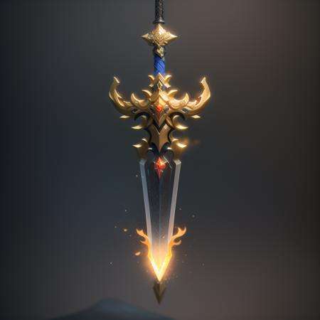 Flame, cool, burning,(A sword),(masterpiece),(best quality),(ultra-detailed)Game ICON, masterpieces, HDTransparent background, 3D rendering2D, Blender cycle, Volume light,No human, objectification, fantasy, futuristic style,cyberpunk, light effect, pendant, structured, high-definition, game icon,Chinoiserie, (2d), black background,<lora:jian:0.6>