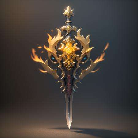 Flame, cool, burning,(A sword),(masterpiece),(best quality),(ultra-detailed)Game ICON, masterpieces, HDTransparent background, 3D rendering2D, Blender cycle, Volume light,No human, objectification, fantasy, futuristic style,cyberpunk, light effect, pendant, structured, high-definition, game icon,Chinoiserie, (2d), black background,<lora:jian:0.6>