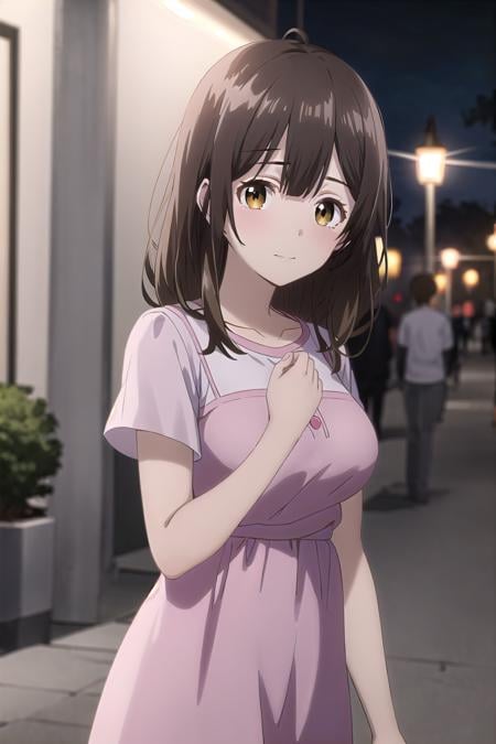 best quality, (masterpiece:1.2), highly detailed, outdoors, night, street,1girl, solo, <lora:chara_HigeHiro_OgiwaraSayu_v1:0.8>, ogiwara sayu,looking at the viewer, medium breasts, slight smile, closed mouth,brown eyes, brown hair, long hair, pink dress, short sleeves