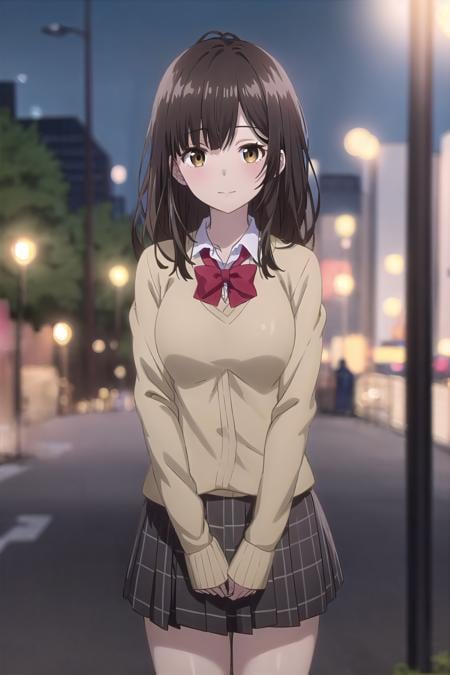 best quality, (masterpiece:1.2), highly detailed, outdoors, park, city, night,1girl, solo, <lora:chara_HigeHiro_OgiwaraSayu_v1:0.8>, ogiwara sayu,looking at the viewer, medium breasts, slight smile, closed mouth, (standing:1.2),brown eyes, brown hair, long hair, school outfit