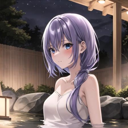 best quality, ((masterpiece)), highly detailed, night, outdoors, onsen, forrest, partially submerged, steam,1girl, <lora:chara_Isleve_Luna_v1:0.8>, Luna,looking at the viewer, blush, closed mouth, towel, small breasts, from angle,blue eyes, purple hair, long hair