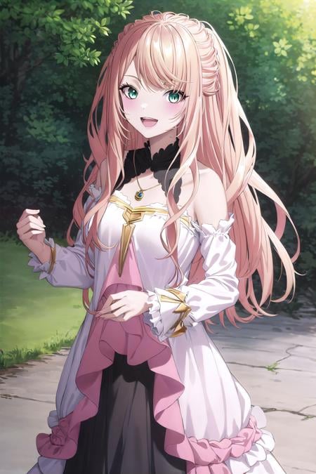 best quality, ((masterpiece)), highly detailed, outdoors, forrest,1girl, <lora:chara_Isleve_LexiaVonAlceria_v1:0.9>, Lexia Von Alceria,looking at the viewer, smile, open mouth, slight blush,green eyes, blonde hair, long hair, swept bangs, dress, long sleeves, necklace