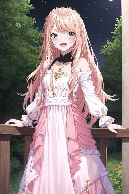 best quality, ((masterpiece)), highly detailed, night sky, outdoors, forrest,1girl, <lora:chara_Isleve_LexiaVonAlceria_v1:0.9>, Lexia Von Alceria,looking at the viewer, smile, open mouth, slight blush,green eyes, blonde hair, long hair, swept bangs, dress, long sleeves, necklace