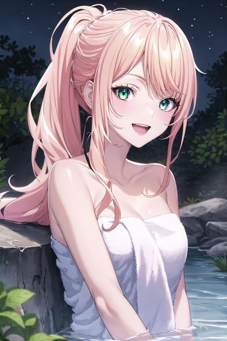 best quality, ((masterpiece)), highly detailed, partially submerged, night sky, water, steam, cleavage,1girl, <lora:chara_Isleve_LexiaVonAlceria_v1:0.8>, Lexia Von Alceria,looking at the viewer, smile, open mouth, medium breasts, upper body,green eyes, blonde hair, long hair, short ponytail, swept bangs, (towel:1.3)