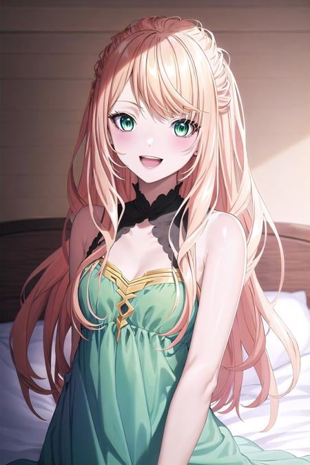 best quality, ((masterpiece)), highly detailed, indoors, bed,1girl, <lora:chara_Isleve_LexiaVonAlceria_v1:0.9>, Lexia Von Alceria,looking at the viewer, smile, open mouth, slight blush, upper body,green eyes, blonde hair, long hair, swept bangs, green dress