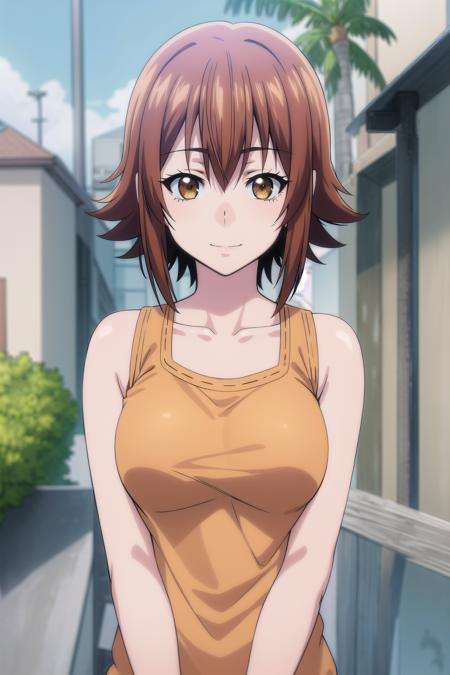 best quality, (masterpiece:1.2), highly detailed, standing, outdoors, palm tree,1girl, solo, <lora:chara_GrandBlue_KotegawaChisa_v1:0.8>, kotegawa chisa,looking at viewer, slight smile, closed mouth, upper body,brown eyes, brown hair, short hair, orange tank top