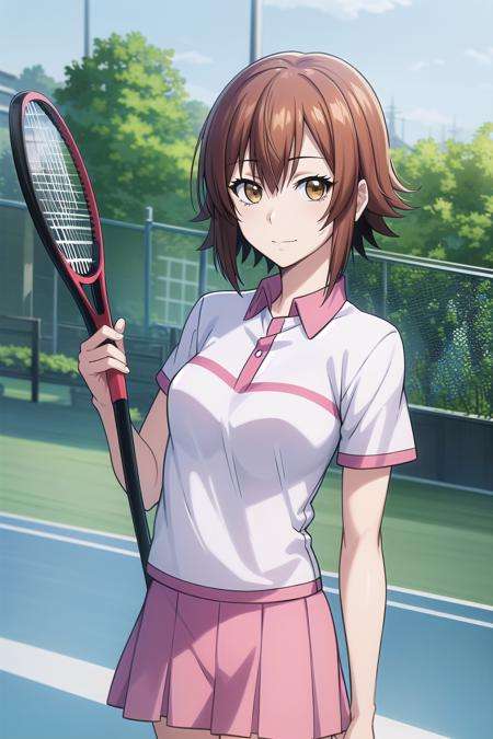 best quality, (masterpiece:1.2), highly detailed, standing, outdoors,1girl, solo, <lora:chara_GrandBlue_KotegawaChisa_v1:0.8>, kotegawa chisa,looking at viewer, slight smile, closed mouth,brown eyes, brown hair, short hair, tennis uniform, pink skirt, white shirt