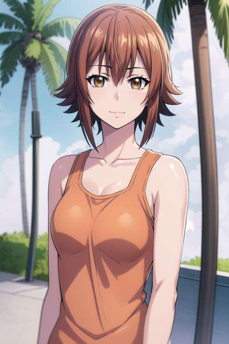 best quality, (masterpiece:1.2), highly detailed, standing, outdoors, palm tree,1girl, solo, <lora:chara_GrandBlue_KotegawaChisa_v1:0.8>, kotegawa chisa,looking at viewer, slight smile, closed mouth, upper body,brown eyes, brown hair, short hair, orange tank top