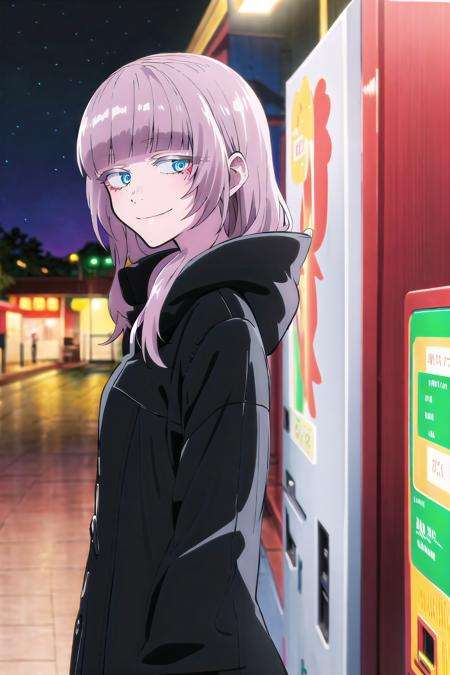 best quality, (masterpiece:1.2), highly detailed,<lora:chara_YofukashiNoUta_Background_v1:0.8>, yofukashi background, night, outdoors, vending machine,<lora:chara_YofukashiNoUta_NanakusaNazusa_v3:0.9>, nanakusa nazusa, 1girl, solo, standing, from angle, upper body, waving, looking at the viewer, open mouth, smile, closed eyes, pink hair, (long hair:1.6),black coat