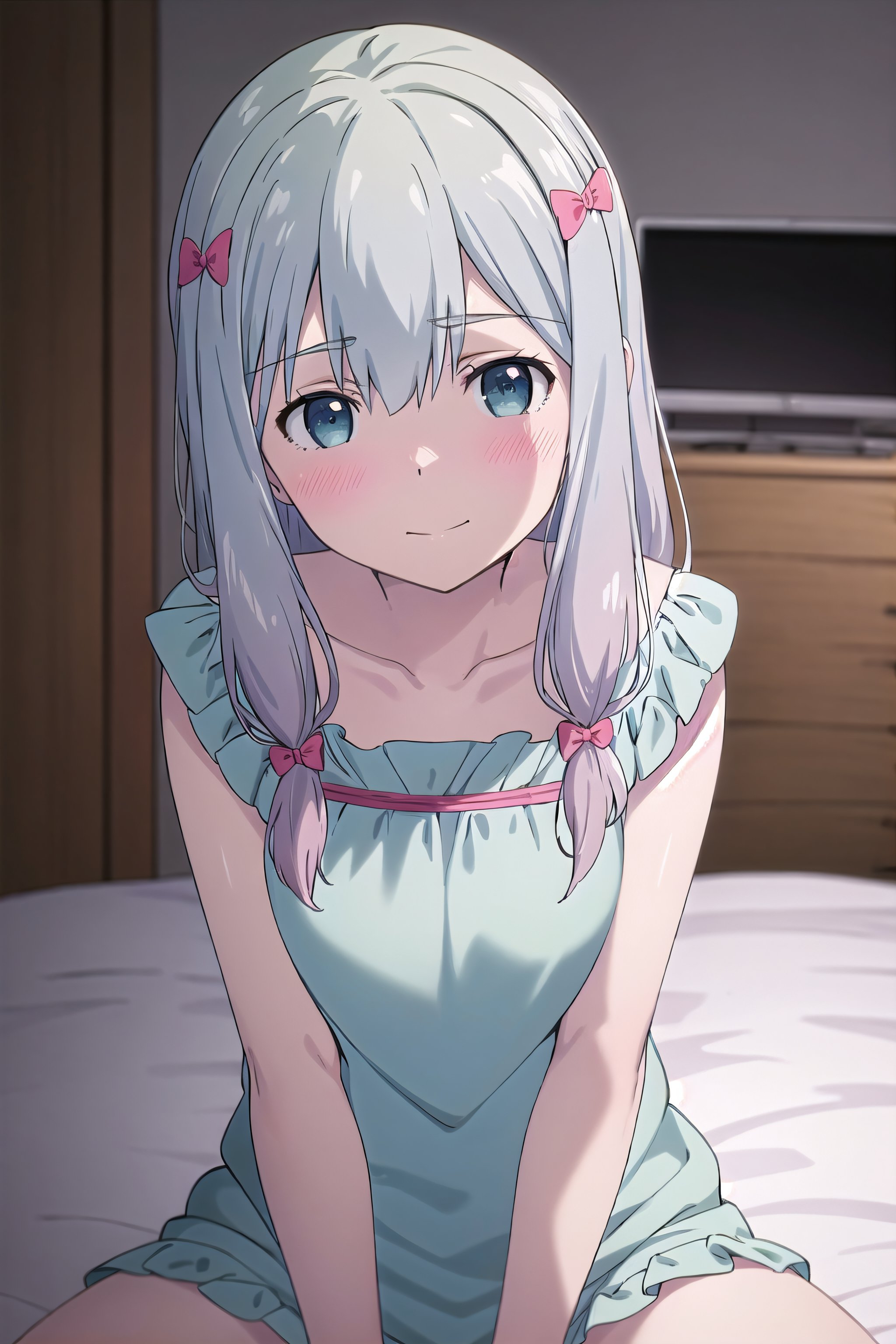 best quality, (masterpiece:1.2), highly detailed,indoors, bedroom, on bed, <lora:chara_Eromanga-sensei_IzumiSagiri_v2:0.8>, izumi sagiri,1girl, solo, sitting, upper body, from front, looking at the viewer, closed mouth, blush, slight smile,grey hair, long hair, multicolored hair, blue eyes,pajamas