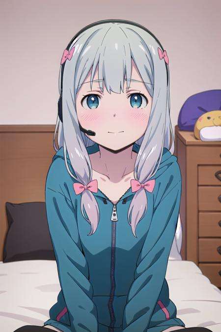 best quality, (masterpiece:1.2), highly detailed,indoors, bedroom, <lora:chara_Eromanga-sensei_IzumiSagiri_v2:0.8>, izumi sagiri,1girl, solo, sitting, upper body, from front, looking at the viewer, closed mouth, blush, slight smile,grey hair, long hair, multicolored hair, blue eyes,green jacket, hood, headset, pink bow