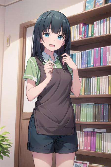 best quality, (masterpiece:1.2), highly detailed,indoors, bookshelf,<lora:chara_Eromanga-sensei_TakasagoTomoe_v1:0.8>, takasago tomoe,1girl, solo, standing, looking at the viewer, open mouth, smile,black hair, long hair, blue eyes,black shorts, collared shirt, short sleeves, green shirt, striped, brown apron