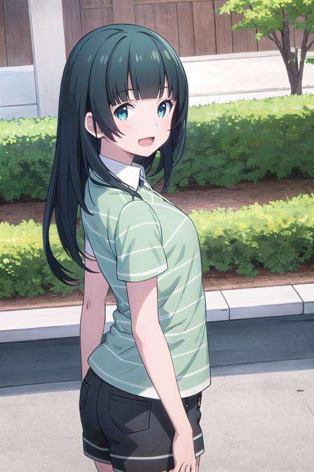 best quality, (masterpiece:1.2), highly detailed,indoors, bookshelf,<lora:chara_Eromanga-sensei_TakasagoTomoe_v1:0.8>, takasago tomoe,1girl, solo, standing, looking at the viewer, open mouth, smile,black hair, long hair, blue eyes,black shorts, collared shirt, short sleeves, green shirt, striped, brown apron