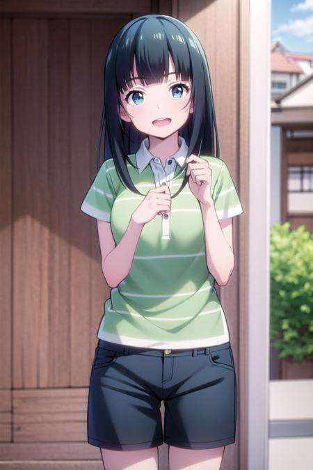 best quality, (masterpiece:1.2), highly detailed,outdoors, house,<lora:chara_Eromanga-sensei_TakasagoTomoe_v1:0.8>, takasago tomoe,1girl, solo, standing, looking at the viewer, open mouth, smile,black hair, long hair, blue eyes,black shorts, collared shirt, short sleeves, green shirt, striped