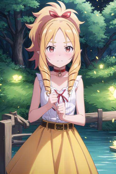 best quality, (masterpiece:1.2), highly detailed,outdoors, night, fireflies, tree, lake,<lora:chara_Eromanga-sensei_YamadaElf_v2:0.8>, yamada elf,1girl, solo, standing, looking at the viewer, closed mouth, nose blush,blonde hair, long hair, ponytail hair, drill hair, brown eyes, pointy ears, red ribbon, white shirt, sleeveless, yellow skirt, belt, red choker