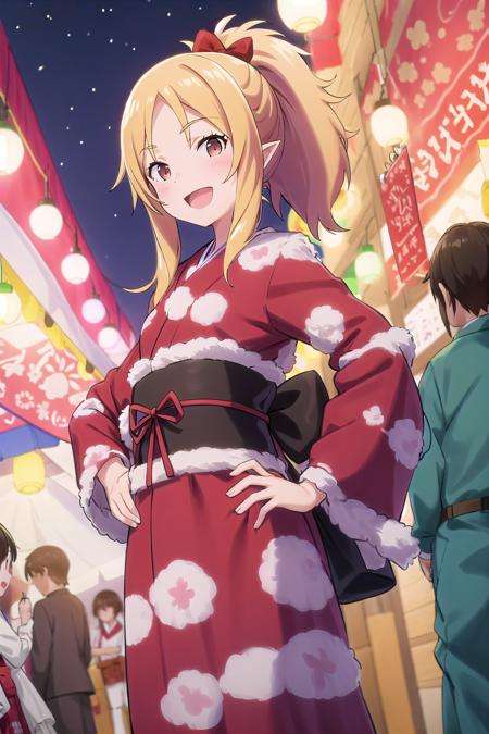 best quality, (masterpiece:1.2), highly detailed,outdoors, night, festival, stalls, lantern,<lora:chara_Eromanga-sensei_YamadaElf_v2:0.8>, yamada elf,1girl, solo, standing, from the front, looking at the viewer, open mouth, smile, hand on hip,blonde hair, long hair, ponytail hair, brown eyes, pointy ears,japanese clothes, red yukata, black obi, pink bow, frills