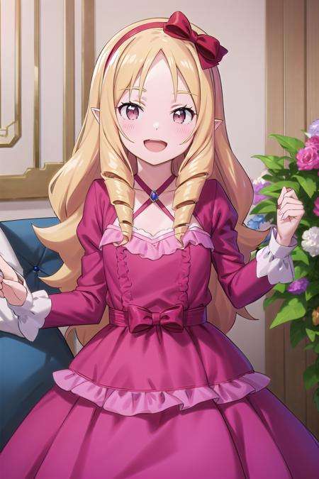 best quality, (masterpiece:1.2), highly detailed,indoors, living room,<lora:chara_Eromanga-sensei_YamadaElf_v2:0.8>, yamada elf,1girl, solo, standing, upper body, looking at the viewer, open mouth, smile,blonde hair, long hair, drill hair, brown eyes, pointy ears,(pink dress:1.4), long sleeves, frills, red hairband, criss-cross halter, red bow, (jewelry:1.4)