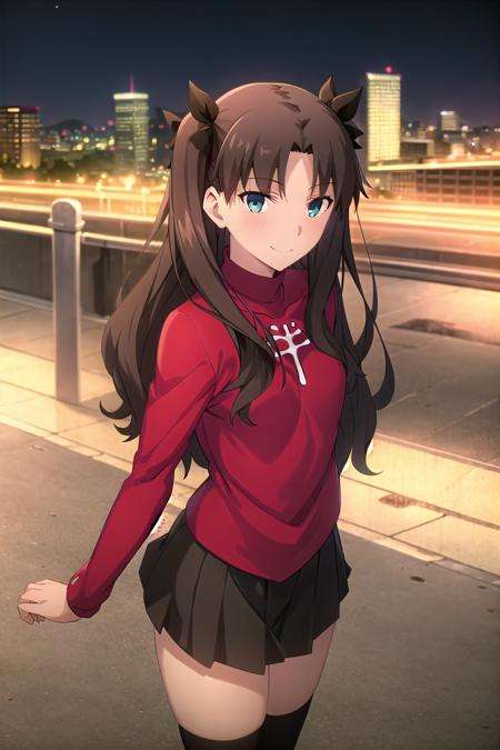 best quality, (masterpiece:1.2), highly detailed,city, cityscape, night,<lora:chara_FateStayNightUBW_TohsakaRin_v1:0.8>, tohsaka rin,1girl, solo, standing, looking at the viewer, smile, closed mouth, slight blush,long hair, two side up, brown hair, blue eyes, hair ribbon,red turtleneck, long sleeves, pleated skirt, black skirt, black thighhighs 