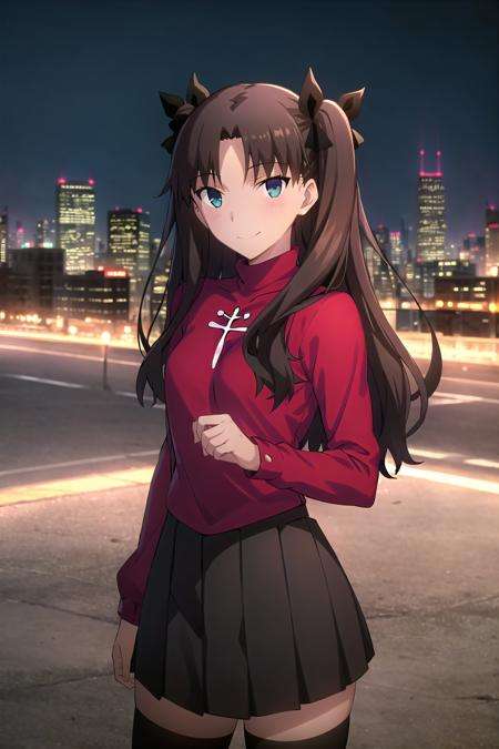 best quality, (masterpiece:1.2), highly detailed,city, cityscape, night,<lora:chara_FateStayNightUBW_TohsakaRin_v1:0.8>, tohsaka rin,1girl, solo, standing, looking at the viewer, smile, closed mouth, slight blush,long hair, two side up, brown hair, blue eyes, hair ribbon,red turtleneck, long sleeves, pleated skirt, black skirt, black thighhighs 