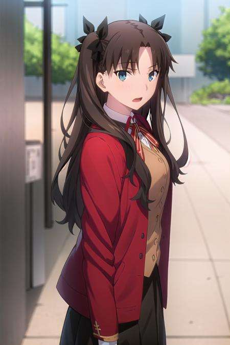 best quality, (masterpiece:1.2), highly detailed,school, outdoors,<lora:chara_FateStayNightUBW_TohsakaRin_v1:0.8>, tohsaka rin,1girl, solo, standing, from front, looking at the viewer, open mouth, slight blush,long hair, two side up, brown hair, blue eyes, hair ribbon,homurahara academy school uniform, red jacket