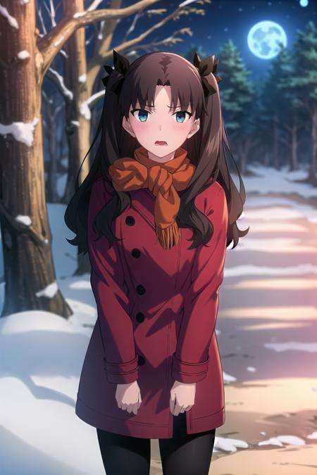 best quality, (masterpiece:1.2), highly detailed,(night:1.4), forest, tree, moon,<lora:chara_FateStayNightUBW_TohsakaRin_v1:0.8>, tohsaka rin, 1girl, solo, standing, looking at the viewer, open mouth, wavy mouth, blush,long hair, two side up, brown hair, blue eyes, hair ribbon,(red coat:1.4), (orange scarf:1.4)