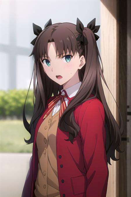 best quality, (masterpiece:1.2), highly detailed,school, outdoors,<lora:chara_FateStayNightUBW_TohsakaRin_v1:0.8>, tohsaka rin,1girl, solo, standing, from front, looking at the viewer, open mouth, slight blush,long hair, two side up, brown hair, blue eyes, hair ribbon,homurahara academy school uniform, red jacket