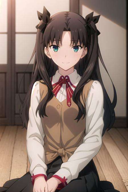 best quality, (masterpiece:1.2), highly detailed,indoors,<lora:chara_FateStayNightUBW_TohsakaRin_v1:0.8>, tohsaka rin,1girl, solo, sitting, looking at the viewer, closed mouth, slight smile, slight blush,long hair, two side up, brown hair, blue eyes, hair ribbon,homurahara academy school uniform