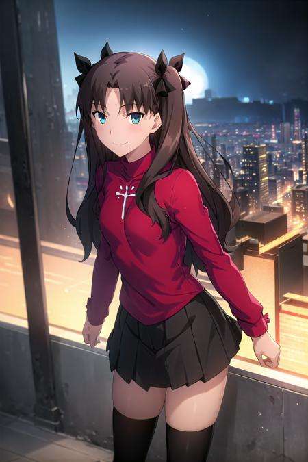 best quality, (masterpiece:1.2), highly detailed,city, cityscape, night,<lora:chara_FateStayNightUBW_TohsakaRin_v1:0.8>, tohsaka rin,1girl, solo, standing, looking at the viewer, smile, closed mouth, slight blush,long hair, two side up, brown hair, blue eyes, hair ribbon,red turtleneck, long sleeves, pleated skirt, black skirt, black thighhighs 