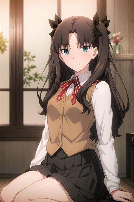 best quality, (masterpiece:1.2), highly detailed,indoors,<lora:chara_FateStayNightUBW_TohsakaRin_v1:0.8>, tohsaka rin,1girl, solo, sitting, looking at the viewer, closed mouth, slight smile, slight blush,long hair, two side up, brown hair, blue eyes, hair ribbon,homurahara academy school uniform