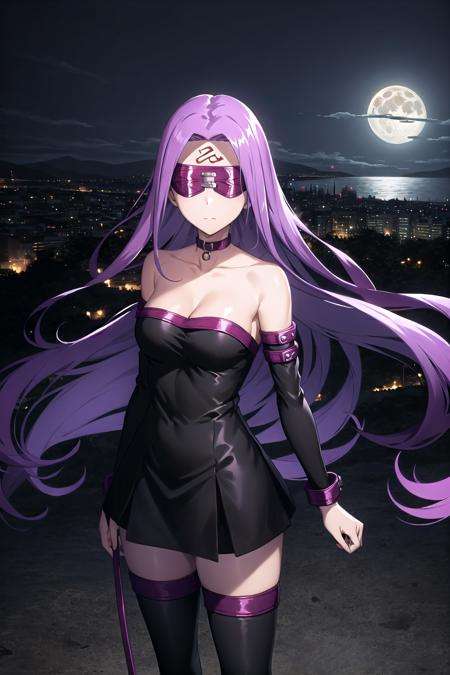 best quality, (masterpiece:1.2), highly detailed,<lora:chara_FateStayNightUBW_Backgrounds_v1:0.3>, fate/stay background, night, cityscape, city, moon, blue theme,<lora:chara_FateStayNightUBW_Medusa(Rider)_v1_1:0.8>, medusa_ubw,1girl, solo, standing, looking at the viewer, closed mouth,absurdly long hair, purple hair, floating hair,dress, short dress, thighhighs, strapless, blindfold, detached sleeves, forehead mark, choker, cleavage  