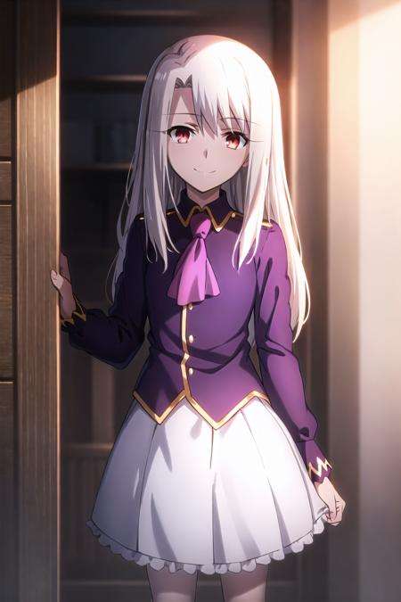 best quality, (masterpiece:1.2), highly detailed,<lora:background_FateStayNightUBW_Backgrounds_v1:0.8>, fate/stay background, indoors,<lora:chara_FateStayNightUBW_IllyasvielVonEinzbern_v1:0.8>, illyasviel von einzbern ubw,1girl, solo, standing, looking at the viewer, closed mouth, smile,long hair, white hair, red eyes,purple shirt, ascot, white skirt