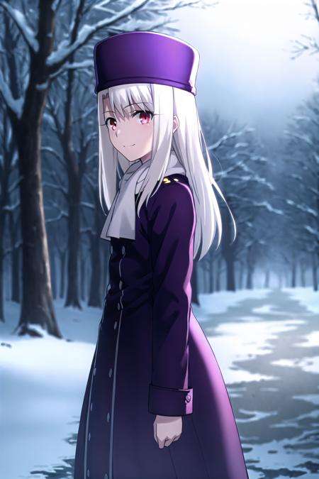 best quality, (masterpiece:1.2), highly detailed,<lora:background_FateStayNightUBW_Backgrounds_v1:0.3>, fate/stay background, (night:1.4), forest, snowing,<lora:chara_FateStayNightUBW_IllyasvielVonEinzbern_v1:0.8>, illyasviel von einzbern ubw,1girl, solo, standing, looking at the viewer, closed mouth, smile,long hair, white hair, red eyes,purple coat, hat, white scarf