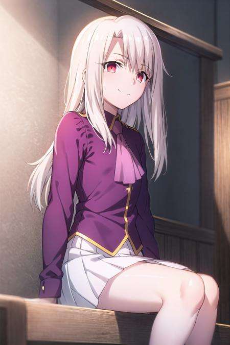 best quality, (masterpiece:1.2), highly detailed,<lora:background_FateStayNightUBW_Backgrounds_v1:0.8>, fate/stay background, indoors,<lora:chara_FateStayNightUBW_IllyasvielVonEinzbern_v1:0.8>, illyasviel von einzbern ubw,1girl, solo, sitting, looking at the viewer, closed mouth, smile,long hair, white hair, red eyes,purple shirt, ascot, white skirt