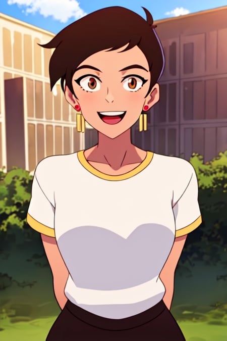 masterpiece, best quality, mawsLoisLane, 1girl, solo, black hair, short hair, brown hair, upper body, smile, shirt, white shirt, looking at viewer, outdoors, arms behind back, tanned, open mouth, black leggings, earrings, sunlight, 