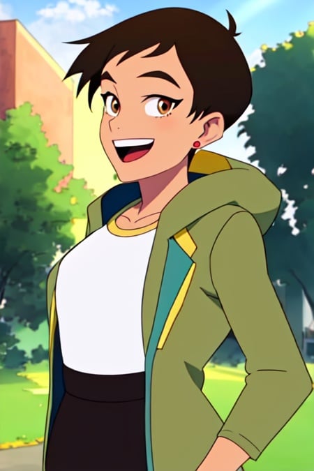 masterpiece, best quality, mawsLoisLane, 1girl, solo, black hair, short hair, brown hair, upper body, smile, shirt, white shirt, looking at viewer, outdoors, arms behind back, tan, long jacket, open mouth, black leggings, earrings, sunlight, 