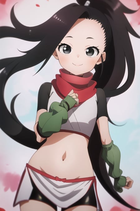 masterpiece, best quality, KunoTsubakiv1, black eyes, black hair, closed mouth, looking at viewer, shirt, long hair, solo, asymmetrical bangs, forehead, high ponytail, navel, ponytail,red scarf, scarf short sleeves, smile, pelvic curtain, shorts, green gloves, arm warmers, fingerless gloves, 