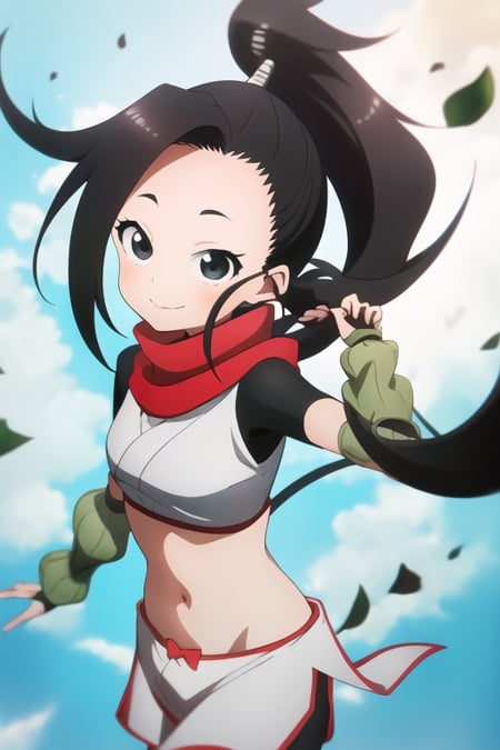 masterpiece, best quality, KunoTsubakiv1, black eyes, black hair, closed mouth, looking at viewer, shirt, long hair, solo, asymmetrical bangs, forehead, high ponytail, navel, ponytail,red scarf, scarf short sleeves, smile, pelvic curtain, shorts, green gloves, arm warmers, fingerless gloves, falling, 