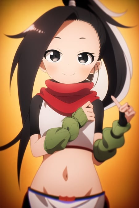masterpiece, best quality, KunoTsubakiv1, black eyes, black hair, closed mouth, looking at viewer, shirt, long hair, simple background, solo, upper body, asymmetrical bangs, forehead, high ponytail, navel, ponytail,red scarf, scarf short sleeves, smile, pelvic curtain, shorts, green gloves, arm warmers, fingerless gloves, 