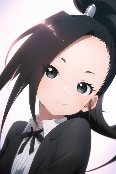 masterpiece, best quality, KunoTsubakiv1, black eyes, black hair, closed mouth, looking at viewer, shirt, long hair, solo, asymmetrical bangs, forehead, high ponytail, black suit, suit, upper body, light smile, 