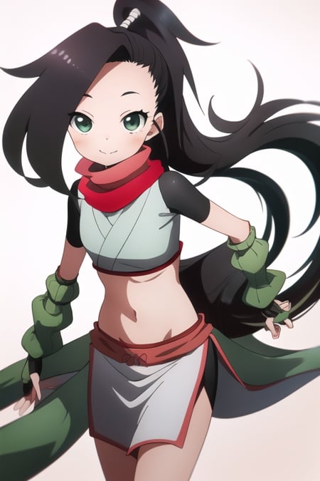 masterpiece, best quality, KunoTsubakiv1, green eyes, black hair, closed mouth, looking at viewer, shirt, long hair, solo, asymmetrical bangs, forehead, high ponytail, navel, ponytail,red scarf, scarf short sleeves, smile, pelvic curtain, shorts, green gloves, arm warmers, fingerless gloves, 