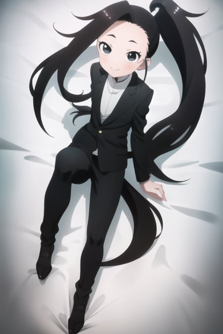 masterpiece, best quality, KunoTsubakiv1, black eyes, black hair, closed mouth, looking at viewer, shirt, long hair, solo, asymmetrical bangs, forehead, ponytail, black suit, suit, light smile, full body, 