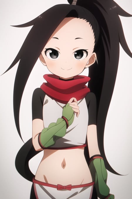 masterpiece, best quality, KunoTsubakiv1, black eyes, black hair, closed mouth, looking at viewer, shirt, long hair, simple background, solo, upper body, asymmetrical bangs, forehead, high ponytail, navel, ponytail,red scarf, scarf short sleeves, smile, pelvic curtain, shorts, green gloves, arm warmers, fingerless gloves, 