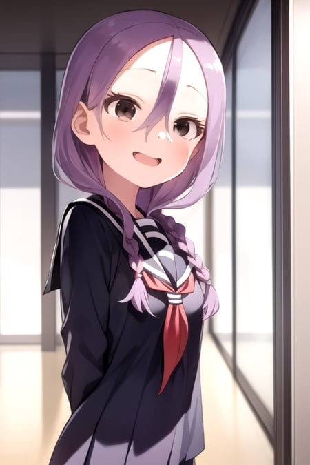 masterpiece, best quality, 1girl, solo, brown eyes, purple hair, twin braids, serafuku, school uniform, hair between eyes, happy