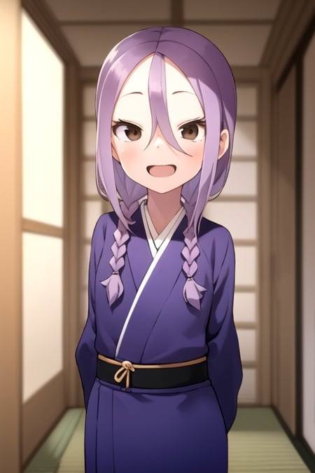 masterpiece, best quality, 1girl, solo, brown eyes, purple hair, twin braids, hair between eyes, happy, indoors, blue kimono, japanese clothes, arms behind back, 