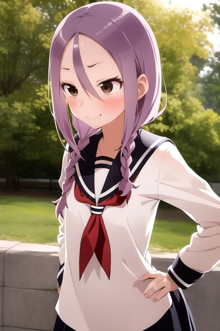 masterpiece, best quality, 1girl, solo, brown eyes, purple hair, twin braids, serafuku, school uniform, hair between eyes, happy, blush, outdoors, hands on hips, 