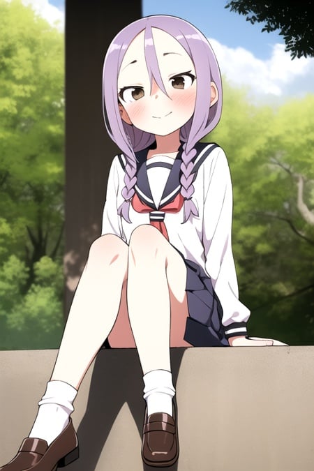 masterpiece, best quality, 1girl, solo, brown eyes, purple hair, twin braids, serafuku, school uniform, hair between eyes, happy, blush, outdoors, sitting, crossed legs,  blue socks, brown shoes,