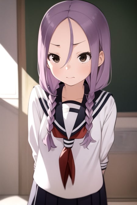 masterpiece, best quality, 1girl, solo, brown eyes, purple hair, twin braids, serafuku, school uniform, 